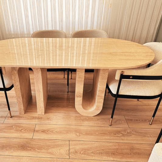 Luxurious Oval Travertine Dining Table with Dual Columns