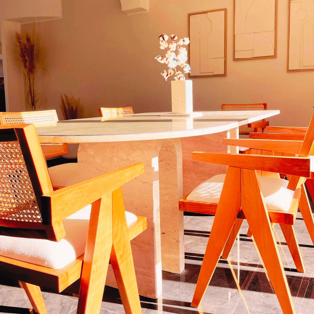 Luxurious Oval Travertine Dining Table with Dual Columns