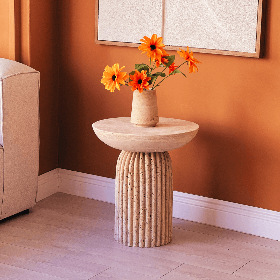 Vintage Charm Beige Travertine Side Table