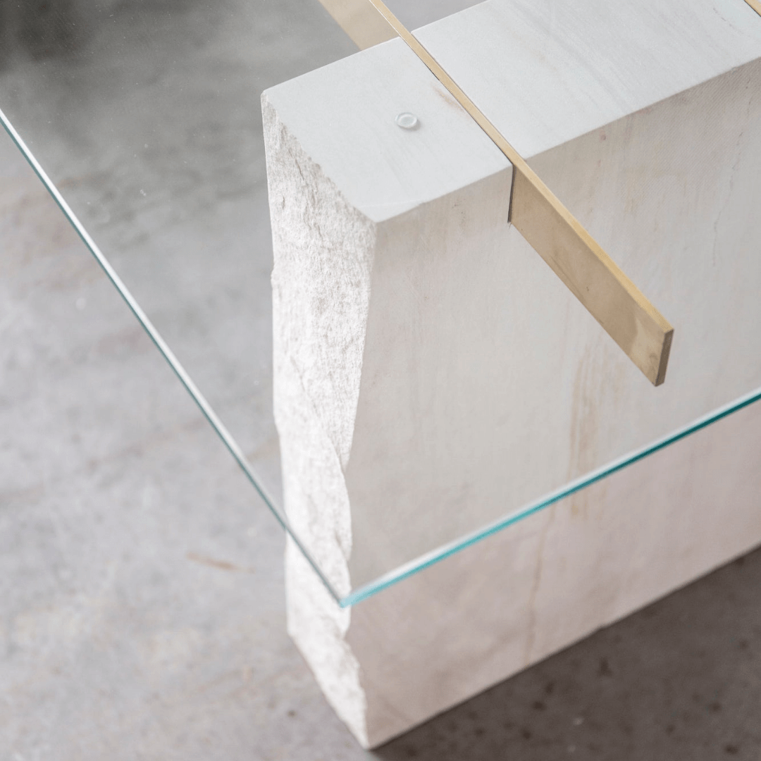 The Lucent Travertine and Glass Dining Table