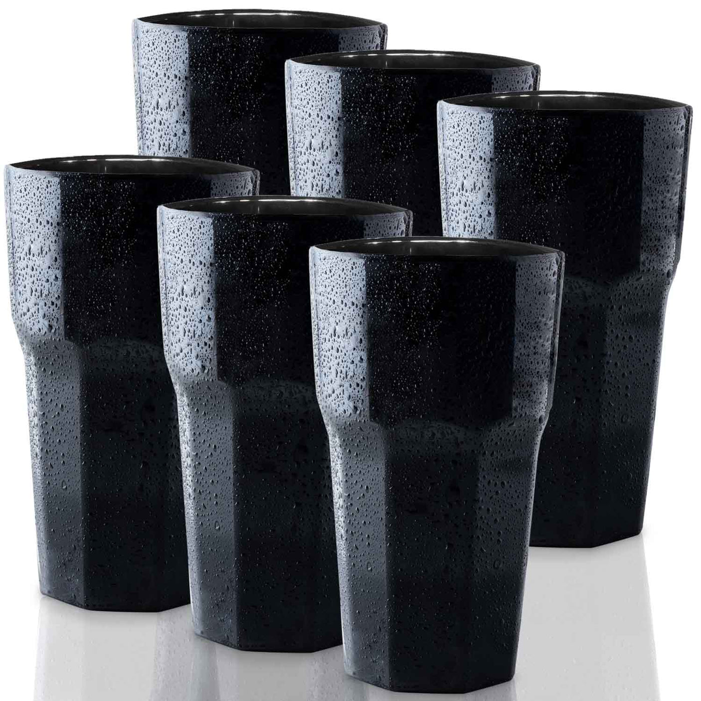 Six Mamaco Home Unbreakable Drinking Glasses, 11 oz each in black, are arranged in two rows. Made from durable polycarbonate, they feature a glossy finish and faceted design. Water droplets enhance their modern look, adding a fresh feel to this reusable set perfect for juice, cocktails, and parties.