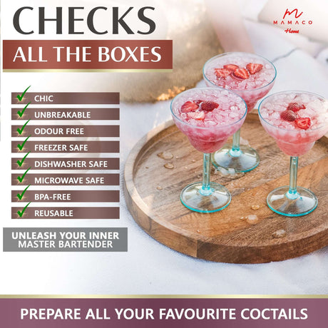 Three chic, pink cocktails with strawberries and ice are served in Mamaco Homes 14oz Unbreakable Margarita Glasses on a wooden tray. These polycarbonate glasses are freezer safe, encouraging you to unleash your inner master bartender.