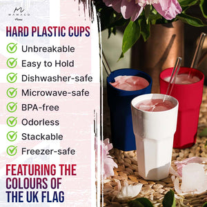The Mamaco Home Unbreakable USA Flag-Themed Drinking Glasses are available in white, red, and blue. Filled with drinks and surrounded by peonies, theyre unbreakable, easy to hold, dishwasher- and microwave-safe, BPA-free, odorless, stackable, and freezer-safe—perfect for 4th of July celebrations.