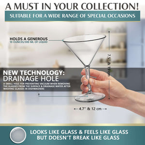 An individual holds a martini glass with features: 300 ml capacity, drainage hole for easy cleaning, and visible dimensions. Mamaco Homes Large Martini Glasses are crafted from shatterproof polycarbonate; they mimic glass in look and feel but offer enhanced durability, reads the caption.