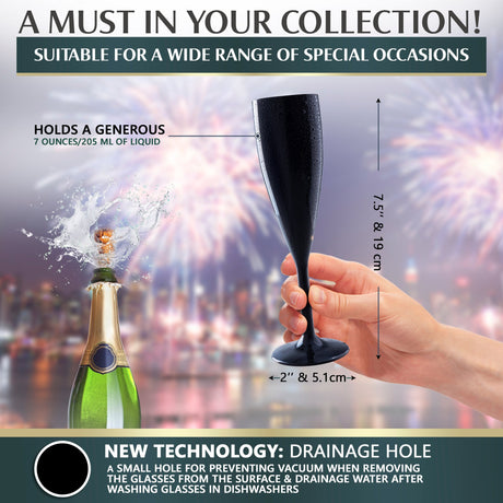 A hand holds a Mamaco Home Unbreakable Black Champagne Flute, perfect for celebrations with fireworks. Measuring 7.5 tall by 2 wide, it holds 7 oz. The durable polycarbonate design with drainage hole technology suits various occasions.