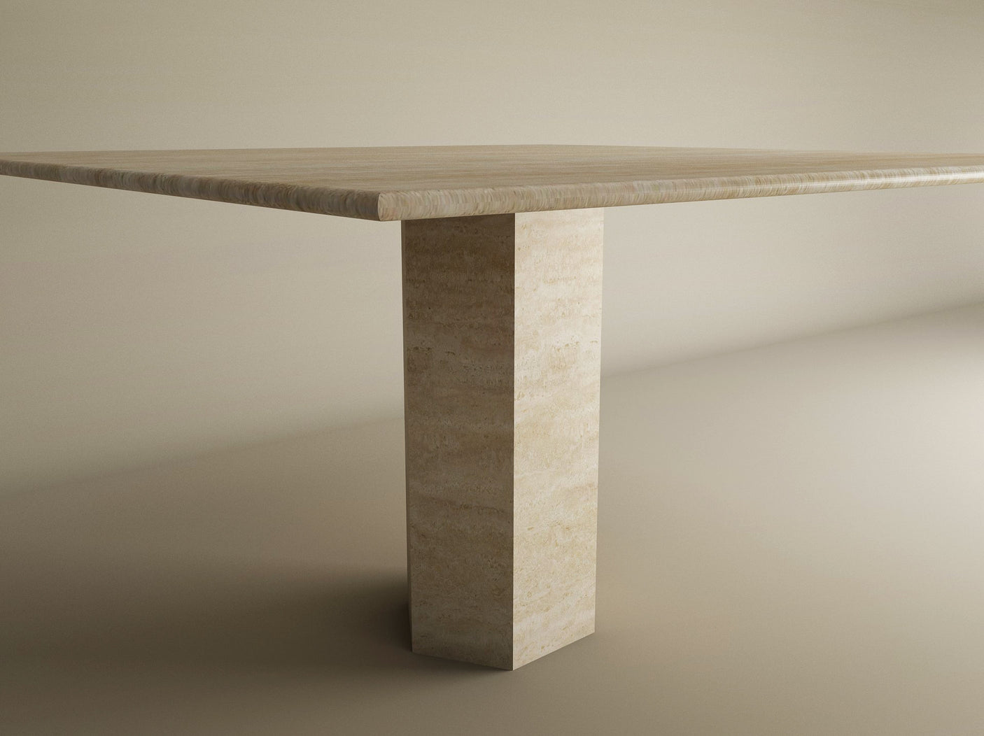 The Square Travertine Dining Table with Hexagonal Center Base by TRAVERTABLE features a thick natural stone top and geometric base, shown against a plain light background. Customizable design.