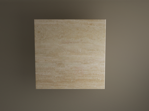 Centered against a plain brown background, the TRAVERTABLE Square Travertine Dining Table features pure travertine stone with hand-finished details and natural veining, highlighting its custom horizontal striations and a cylindrical center base.