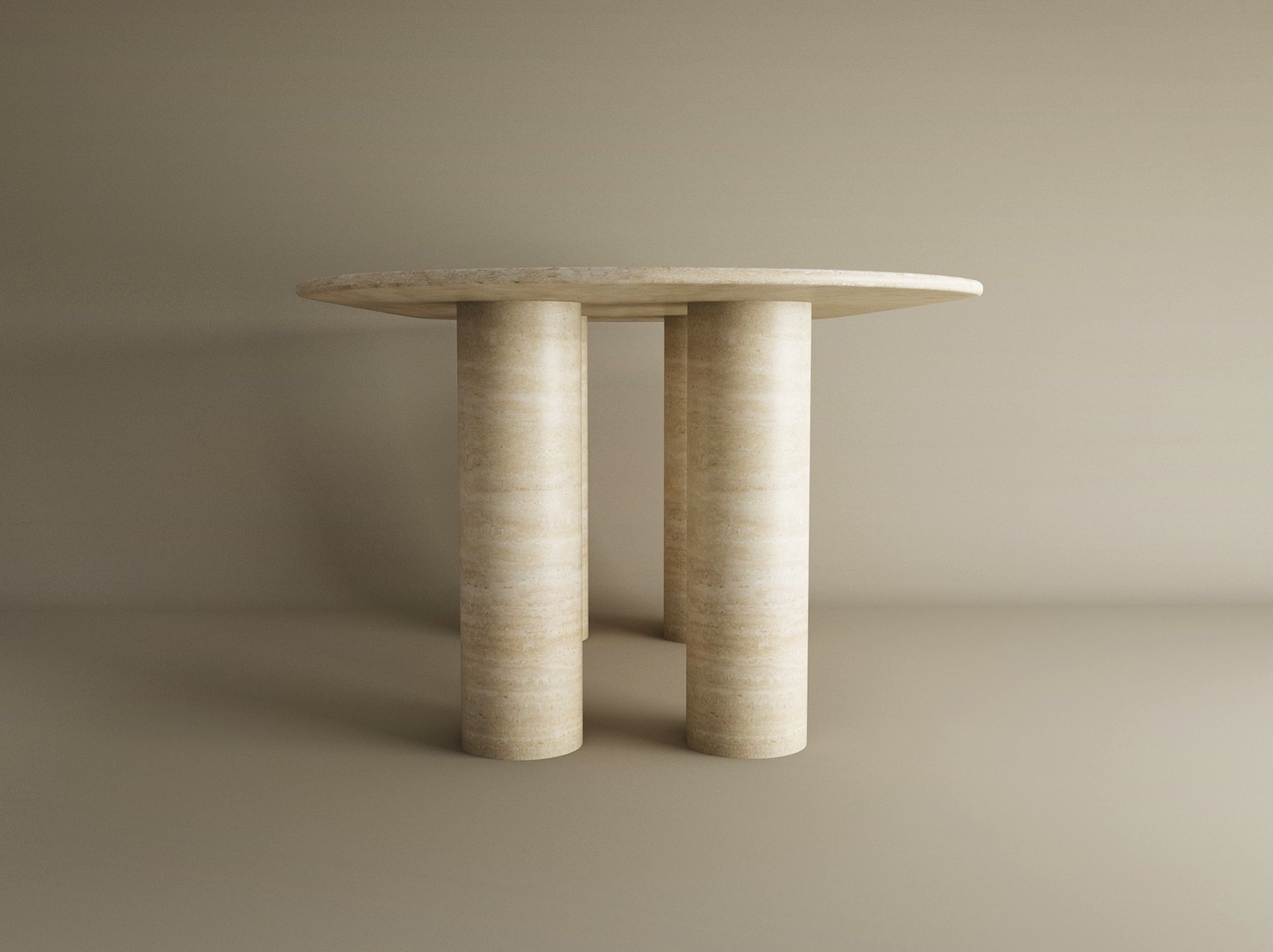 The TRAVERTABLE Oval Travertine Dining Table features a pure travertine stone tabletop and sturdy cylindrical base, offering customizable options and heirloom quality for timeless appeal against a neutral backdrop.