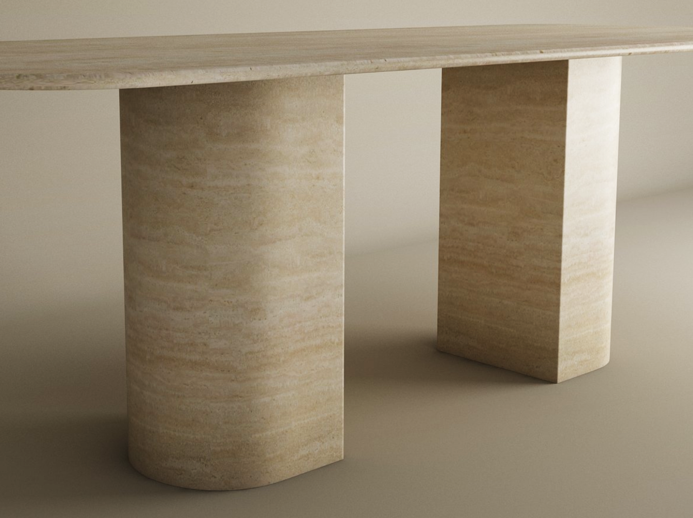 The TRAVERTABLE Rectangular Travertine Dining Table features a natural stone tabletop and two sloped pedestal bases, combining elegance with customizability for your dining space.