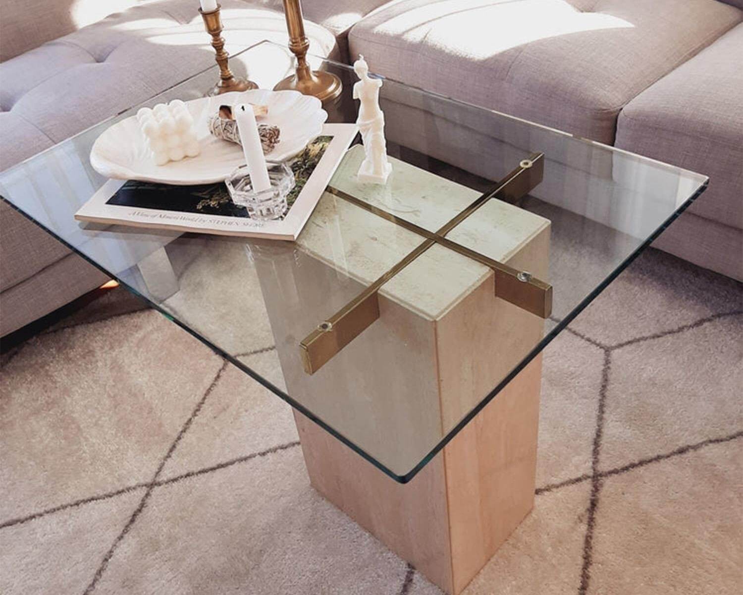 Luxury Travertine Side Table with Transparent Glass Top