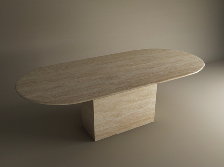 The TRAVERTABLE Oval Travertine Dining Table with Block Base features a natural stone tabletop and customizable design—a timeless heirloom set against a neutral background.