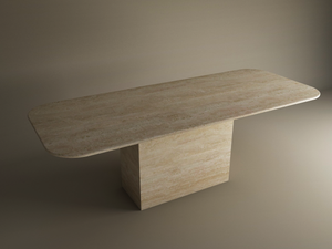 The TRAVERTABLE Rectangular Travertine Dining Table features a natural stone top with rounded corners and a wide block base. This customizable dining table has a timeless look, shown against a plain, neutral background.