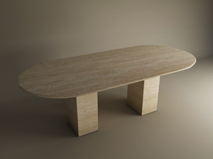 The TRAVERTABLE Oval Travertine Dining Table features a natural travertine stone top and sturdy rectangular pedestal base, combining timeless elegance and customizable design—perfect as a sophisticated heirloom centerpiece.