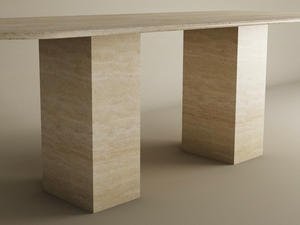 The TRAVERTABLE Rectangular Travertine Dining Table features a natural stone tabletop and smooth surface, supported by two thick rectangular pedestal bases—an elegant, customizable piece for any neutral dining space.