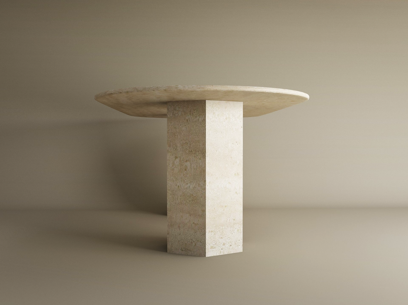 The TRAVERTABLE Oval Travertine Dining Table features a natural stone top and a hexagonal pedestal base, set against a neutral background. This customizable dining table combines organic style with elegant design.