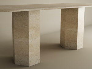 The TRAVERTABLE Rectangular Travertine Dining Table features a natural stone tabletop and two hexagonal pedestal bases, blending minimalist design with organic travertine—perfect for modern dining spaces. Customizable to fit your style.