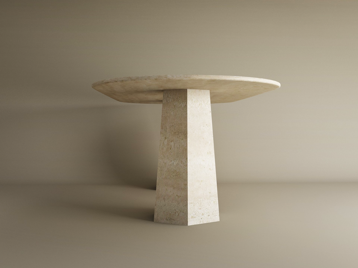 The TRAVERTABLE Oval Travertine Dining Table features a natural solid travertine tabletop and a tapered round base—customizable and minimalist, this timeless piece is set against a beige background.