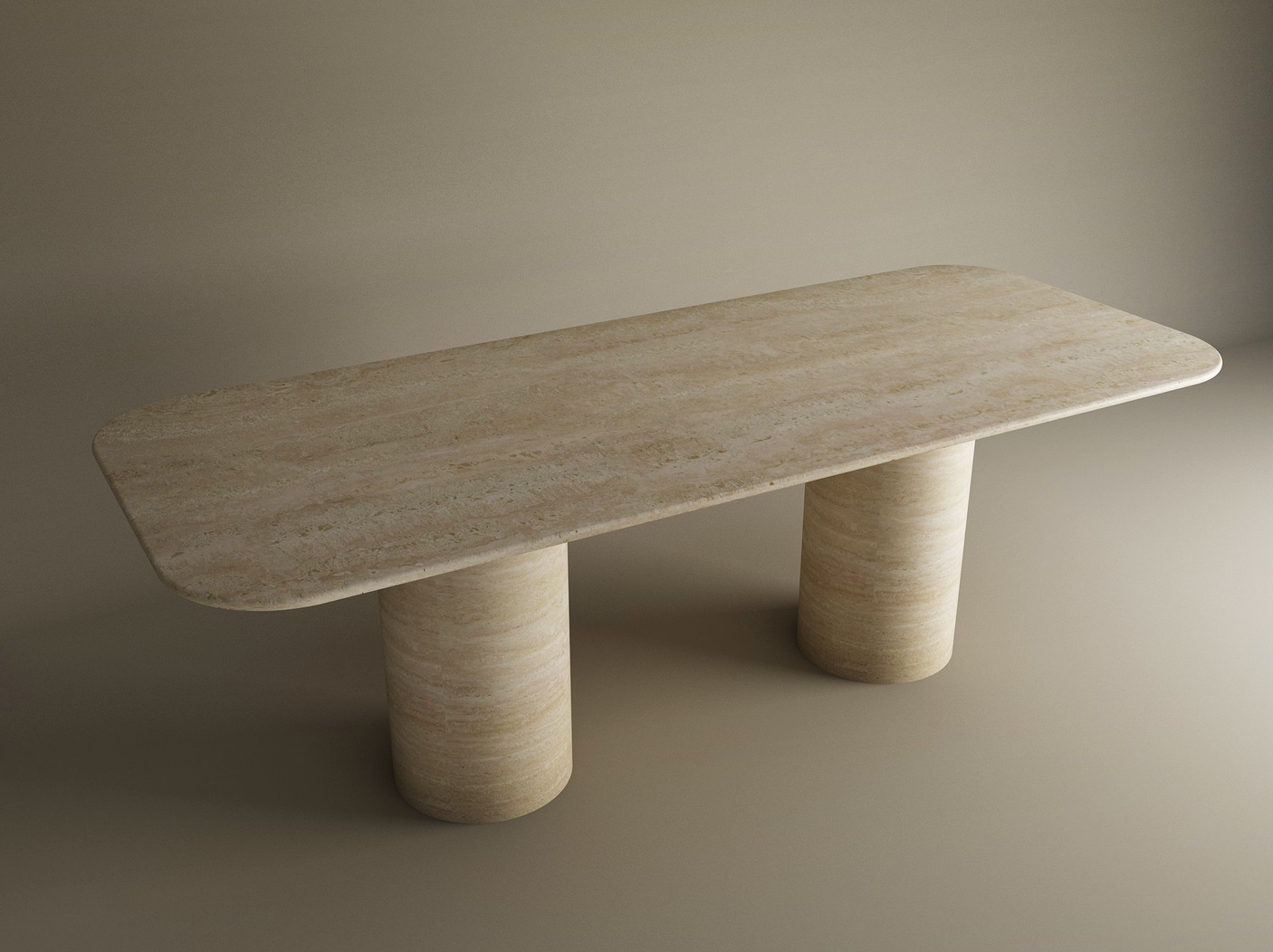The Rectangular Travertine Dining Table by TRAVERTABLE features a pure travertine stone top, smooth cylinder base, and rounded corners. This customizable piece brings timeless elegance and heirloom quality to minimalist interiors.