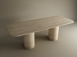 The Rectangular Travertine Dining Table by TRAVERTABLE features a pure travertine stone top, smooth cylinder base, and rounded corners. This customizable piece brings timeless elegance and heirloom quality to minimalist interiors.