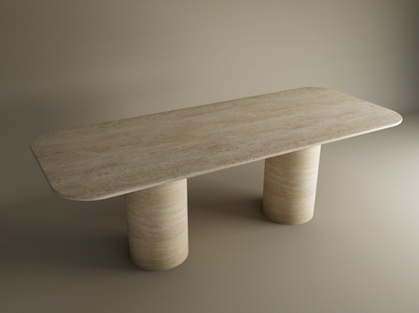 The Rectangular Travertine Dining Table by TRAVERTABLE features a pure travertine stone top, smooth cylinder base, and rounded corners. This customizable piece brings timeless elegance and heirloom quality to minimalist interiors.