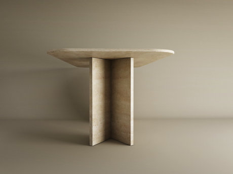 The TRAVERTABLE Rectangular Travertine Dining Table features a natural travertine stone top and a split-V pedestal base—a customizable, minimalist heirloom piece perfect for modern spaces.