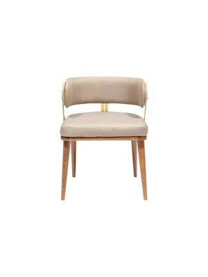 The Travertable Mid-Century Modern Walnut and Brass Chair features a beige cushioned seat and backrest with an open space design, supported by wooden legs. Its perfect for adding elegance to your home decor and is displayed against a plain white background.