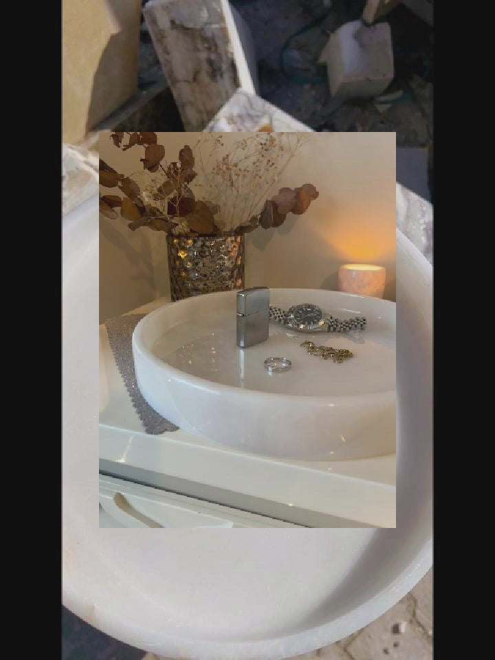 White Alabaster Round Tray - Luxe Marble Accent Piece for Vanity, Serving, and Organizational Elegance