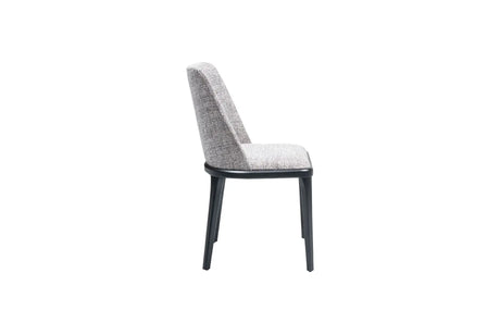 Side view of the Travertable Comfort Dining Chair, featuring a gray fabric seat and backrest with black metal legs. This chair showcases a minimalist, modern design and an ergonomic structure for maximum comfort.