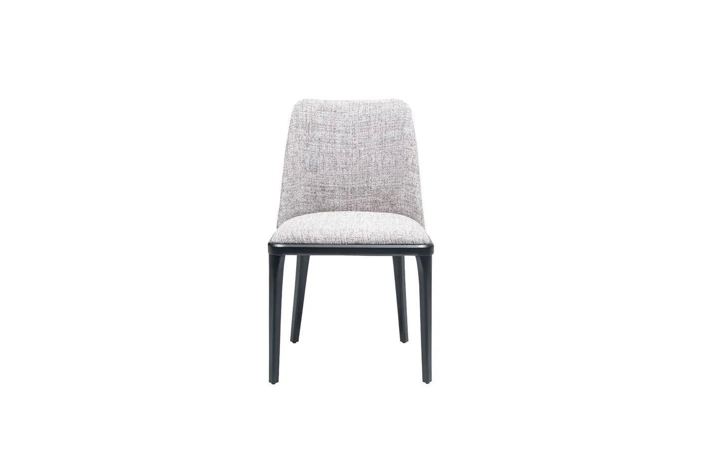Introducing Travertables Comfort Dining Chair, boasting a modern design with a softly cushioned light gray fabric seat and backrest. Supported by four slender black legs, its ergonomic structure is highlighted against a white background for minimalist elegance.