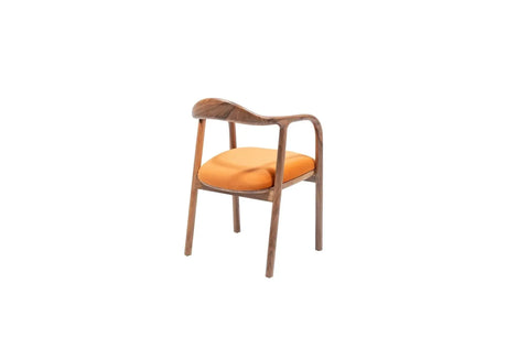 The Travertable Contemporary Curve Armchair features a wooden frame with a curved backrest and four slender legs. Its vibrant orange fabric seat contrasts against a plain white background, embodying modern design.