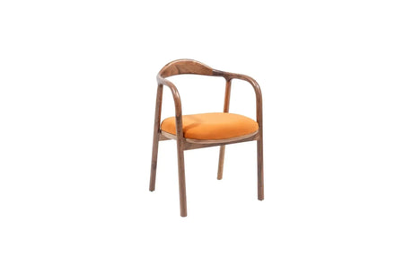 Travertables Contemporary Curve Armchair features a sleek modern design with a curved wooden frame and armrests. Its vibrant orange cushions stand out against a minimalist white backdrop, offering an eye-catching yet sophisticated aesthetic.