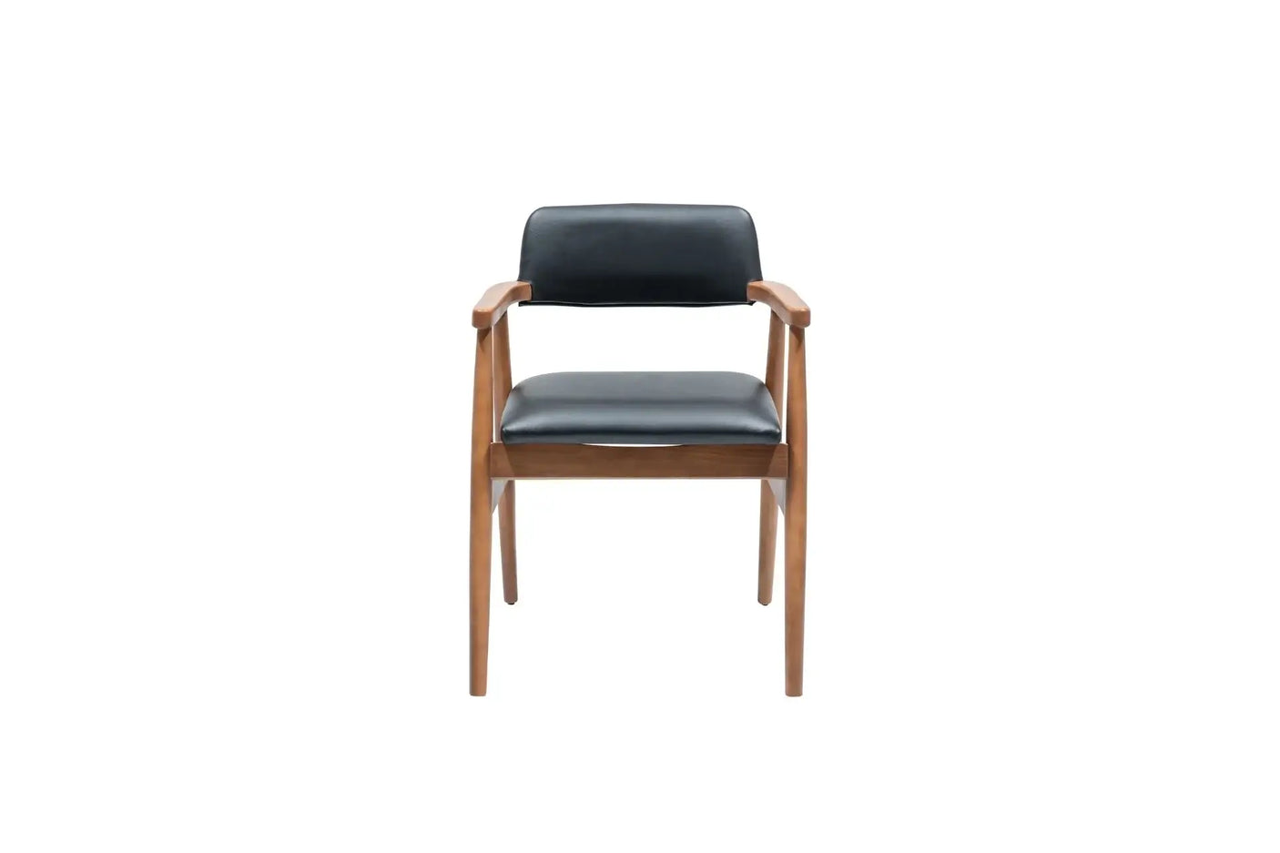 Travertables Executive Elegance Armchair features sleek faux leather upholstery. With a minimalist design, wooden frame, and ergonomic armrests, its black cushioned seat and backrest create a stunning blend of comfort and style against a white backdrop.